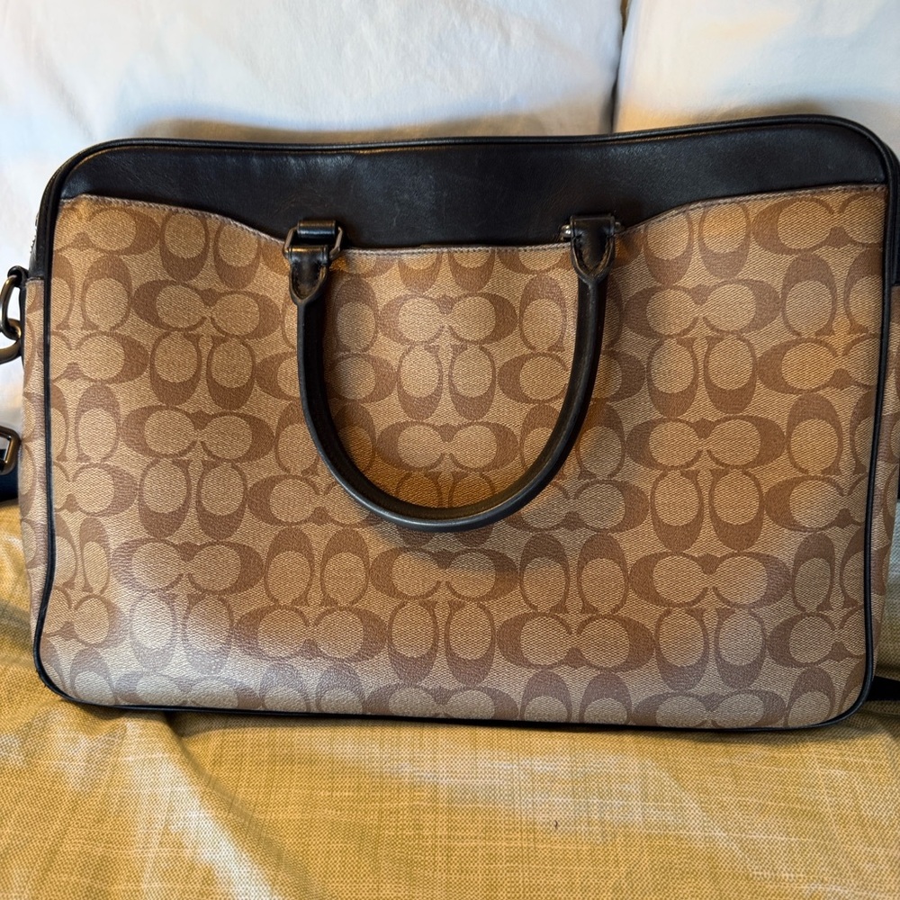 Coach Brown Signature Canvas Briefcase with Black Trim